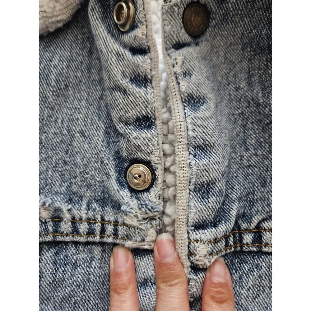 Vtg Levi's Light Wash Denim Sherpa Super Distressed Thrashed Grunge Jacket L - Picture 15 of 16